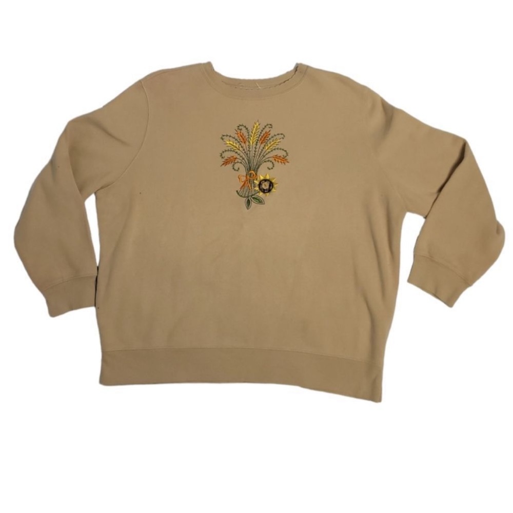VINTAGE 90s embroidered fall sweatshirt grannycore sunflower tan crew neck M